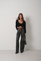 Strappy Blouse Cardigan Black Knit Set