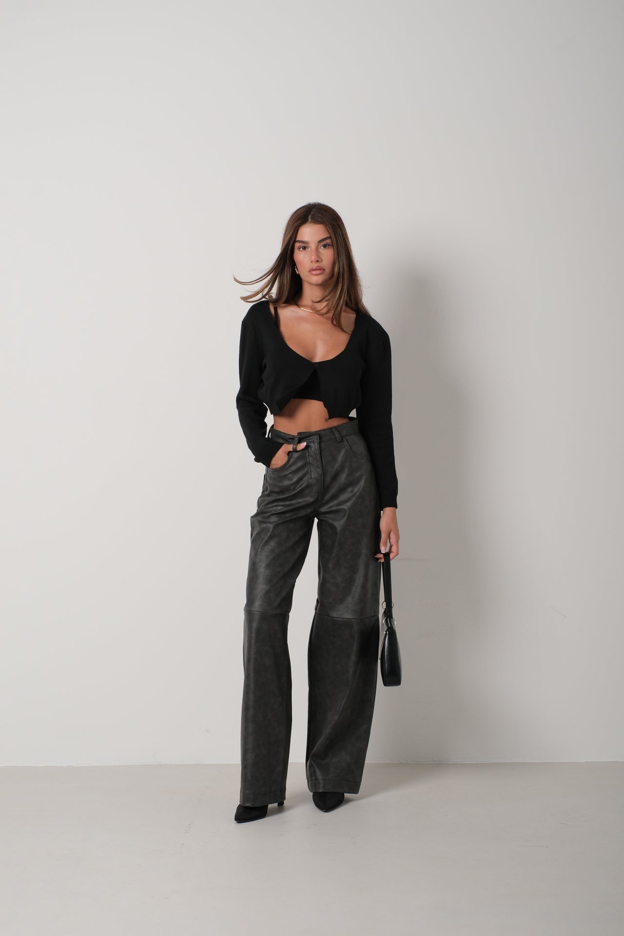 Strappy Blouse Cardigan Black Knit Set