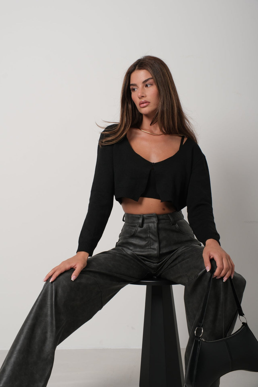 Strappy Blouse Cardigan Black Knit Set