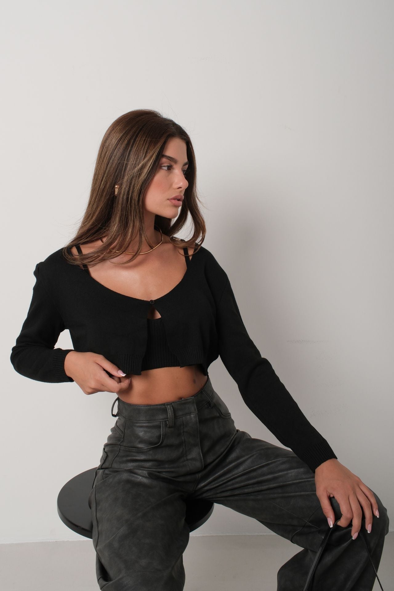 Strappy Blouse Cardigan Black Knit Set