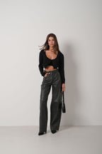 Strappy Blouse Cardigan Black Knit Set