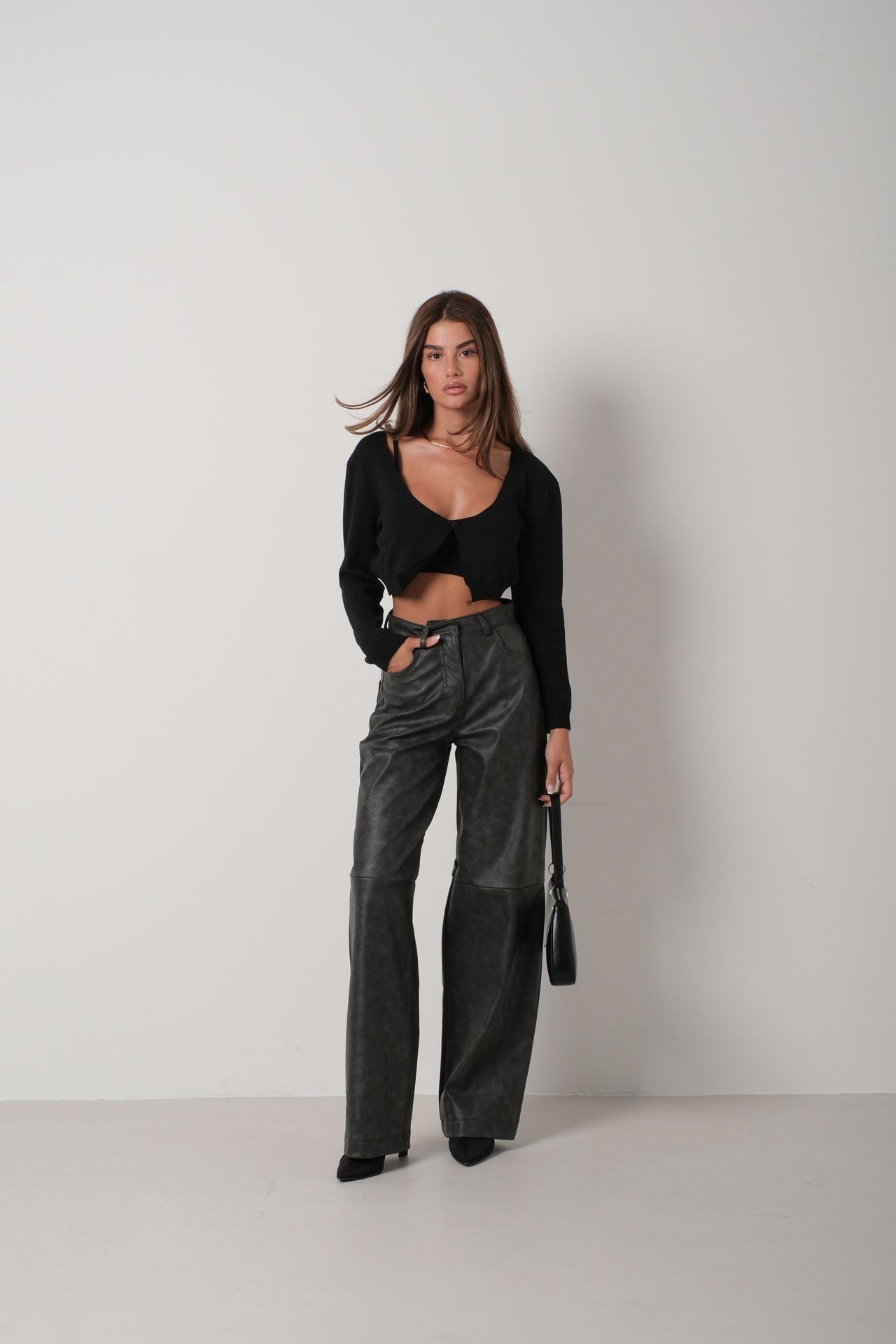 Strappy Blouse Cardigan Black Knit Set