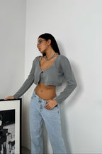 Strappy Blouse Cardigan Gray Knit Set