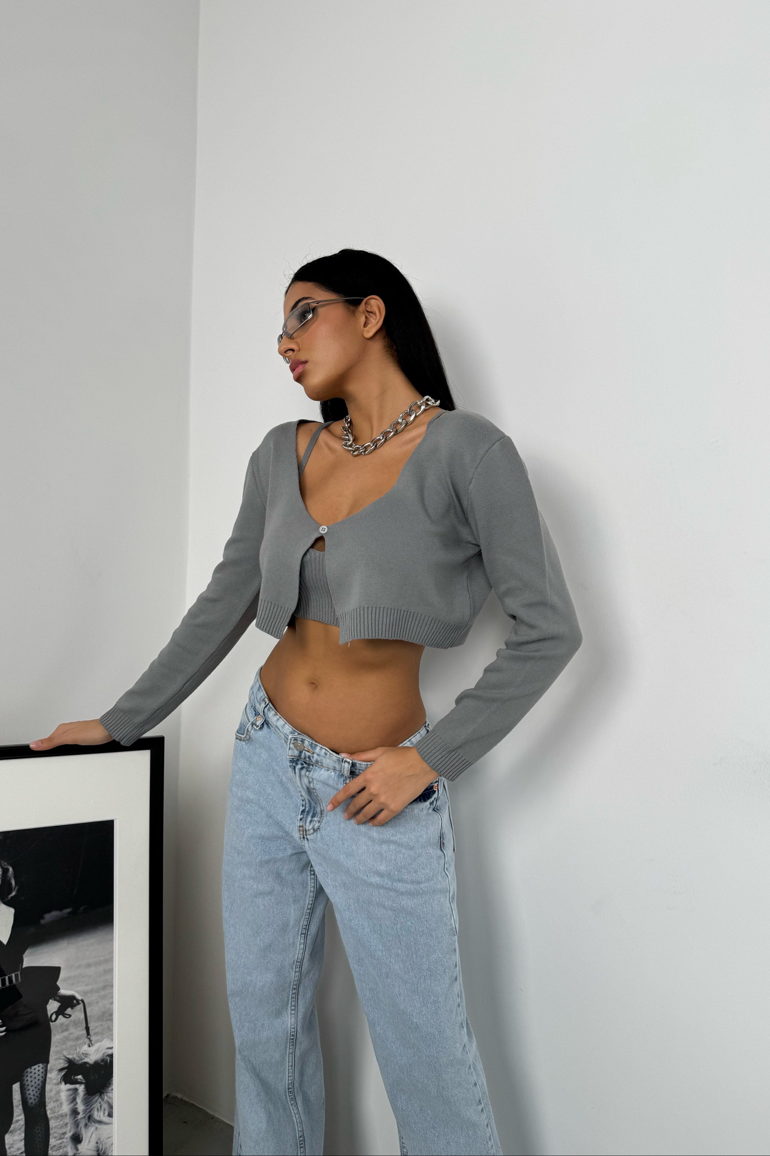 Strappy Blouse Cardigan Gray Knit Set