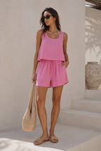 Pink Modal Two-Piece Set with Strappy Blouse and High-Waisted Shorts
