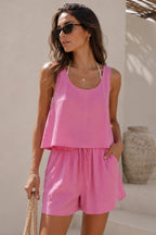 Pink Modal Two-Piece Set with Strappy Blouse and High-Waisted Shorts