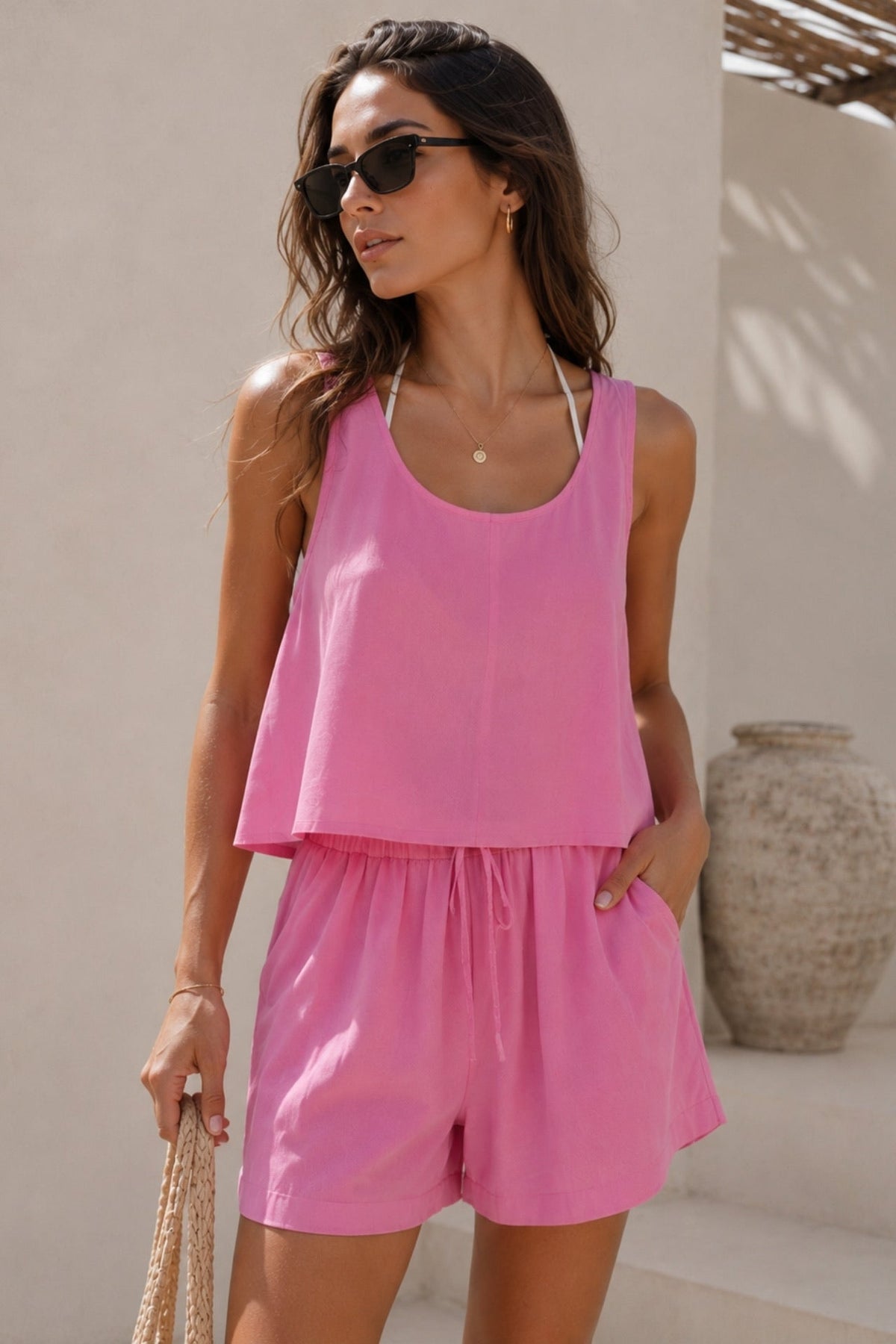 Pink Modal Two-Piece Set with Strappy Blouse and High-Waisted Shorts