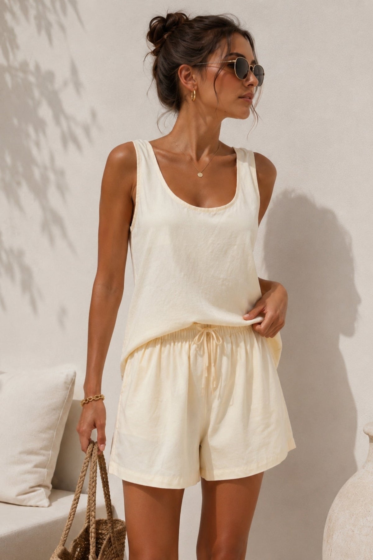 Sleeveless Blouse High Waist Shorts Two-Piece Yellow Modal Set