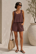 Brown Modal Two-Piece Set with Camisole and High-Waist Shorts
