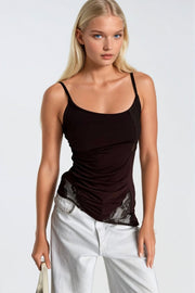 Brown Lace Blouse with Ruched Detailing and Straps