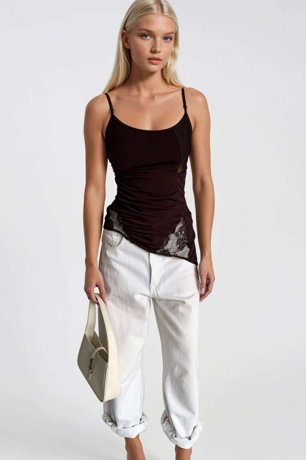 Strappy Ruched Detail Brown Dantel Blouse