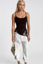 Strappy Ruched Detail Brown Dantel Blouse