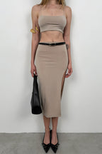 Strappy Crop Slit Beige Skirt Set