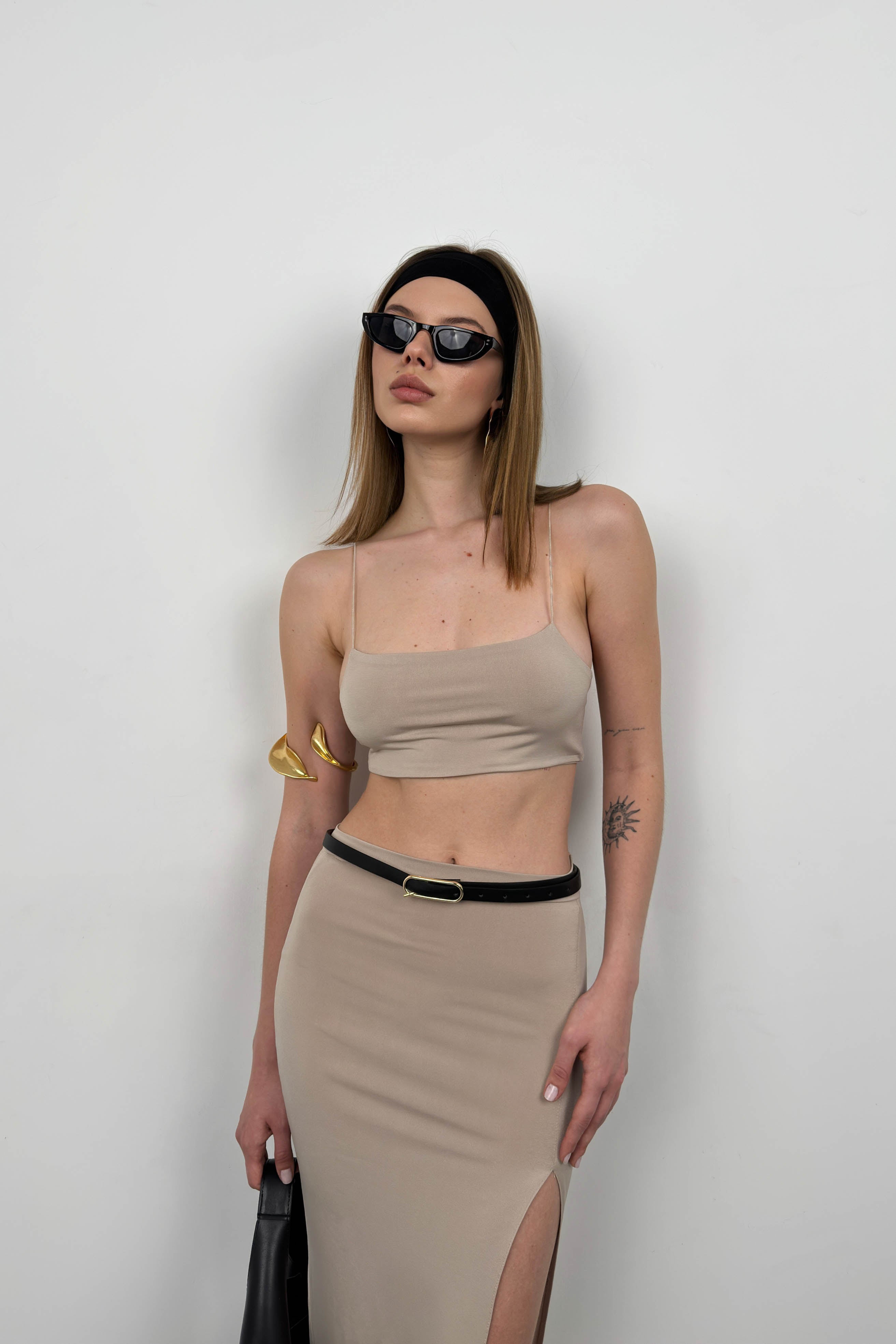 Strappy Crop Slit Beige Skirt Set