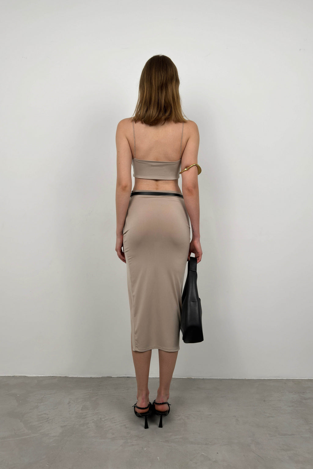 Strappy Crop Slit Beige Skirt Set