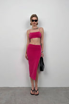 Strappy Crop Slit Fuchsia Skirt Set
