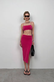 Suspender Crop Slit Fuchsia Skirt Set