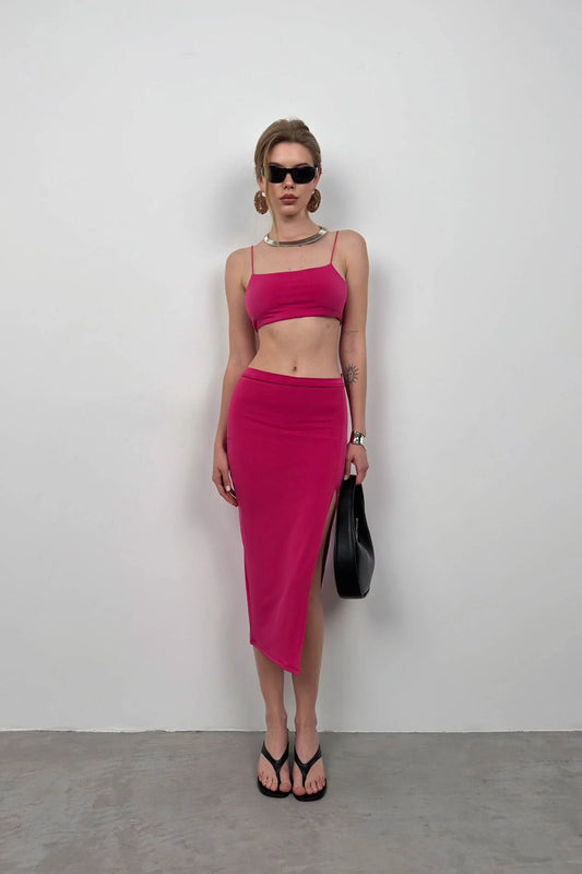 Suspender Crop Slit Fuchsia Skirt Set