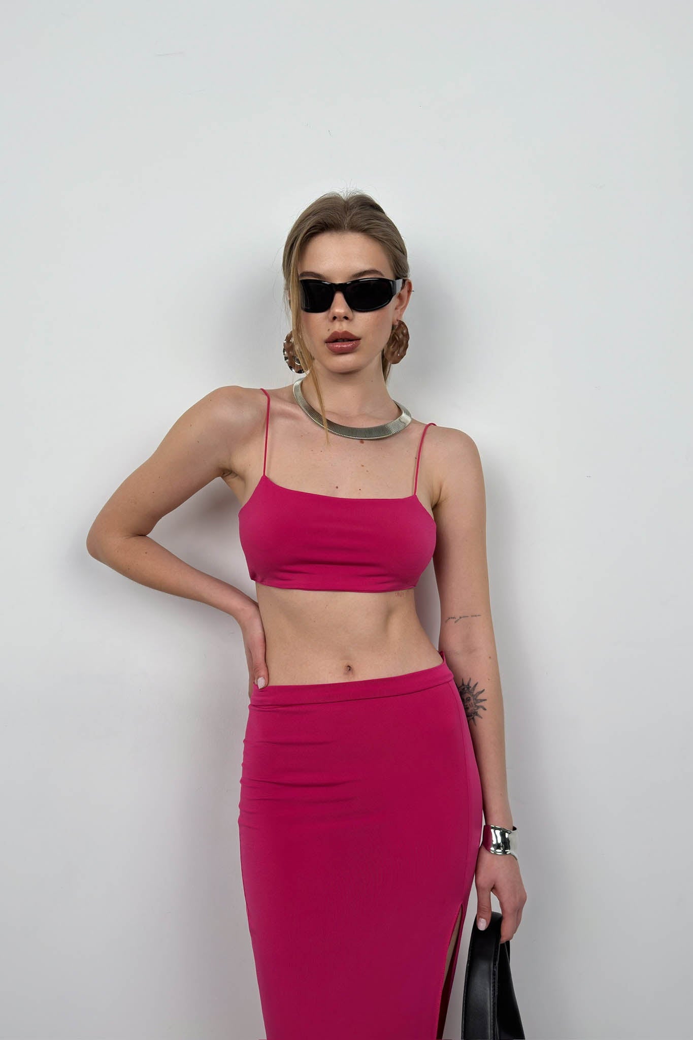 Strappy Crop Slit Fuchsia Skirt Set