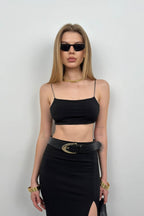 Strappy Crop Slit Black Skirt Set