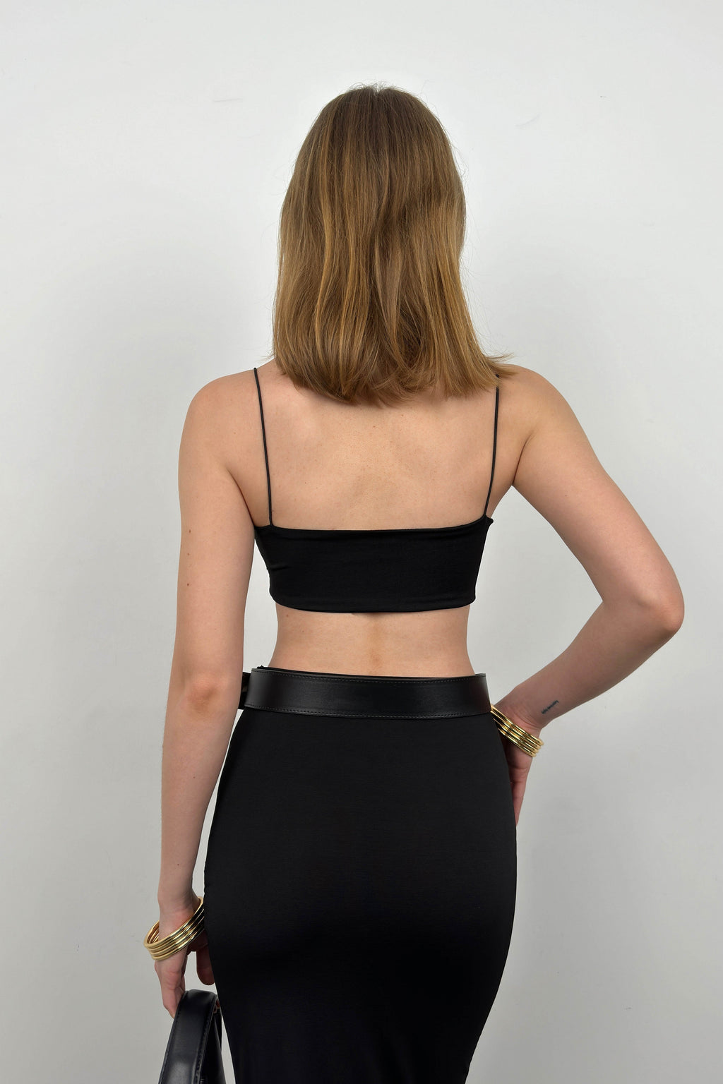 Strappy Crop Slit Black Skirt Set