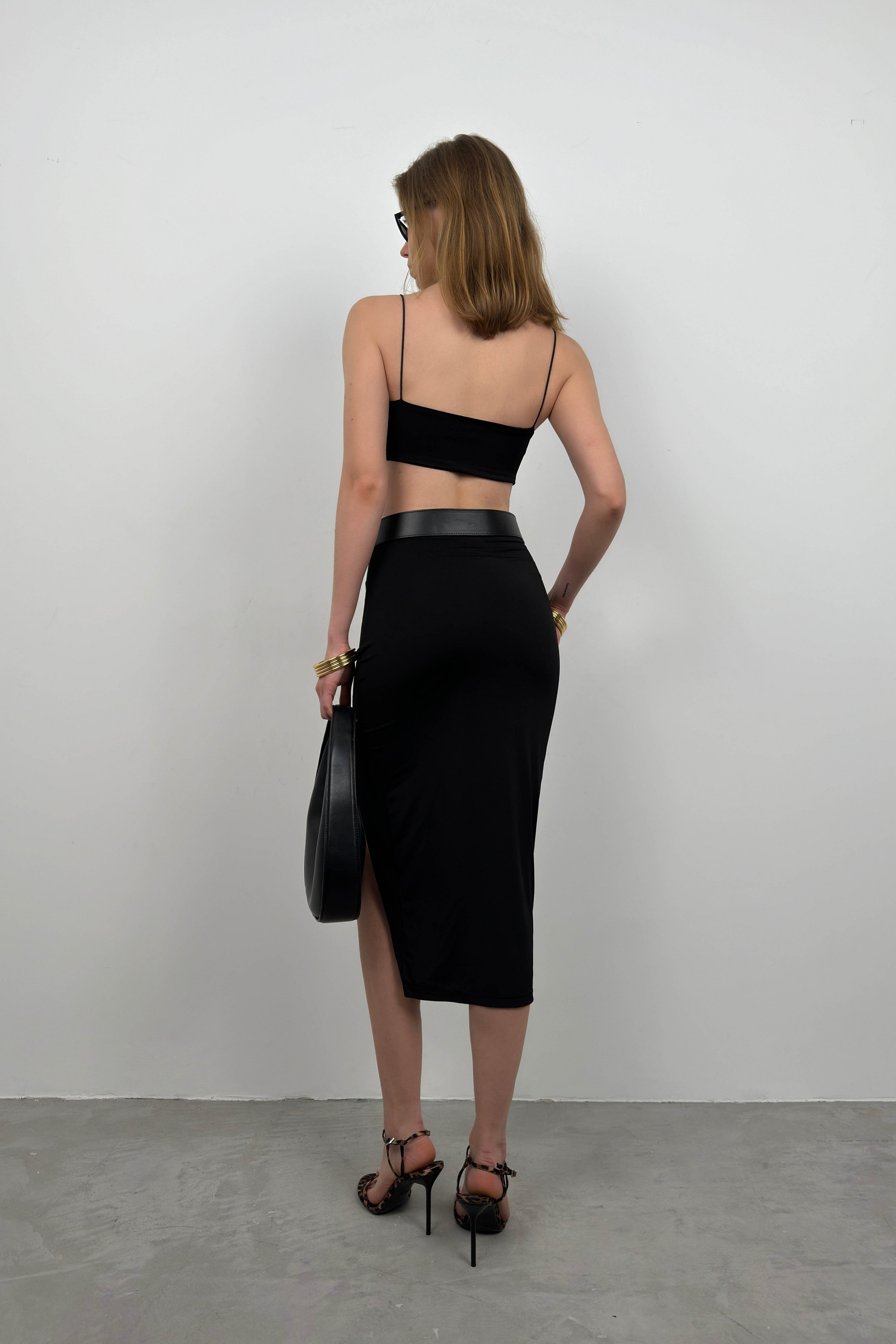 Strappy Crop Slit Black Skirt Set