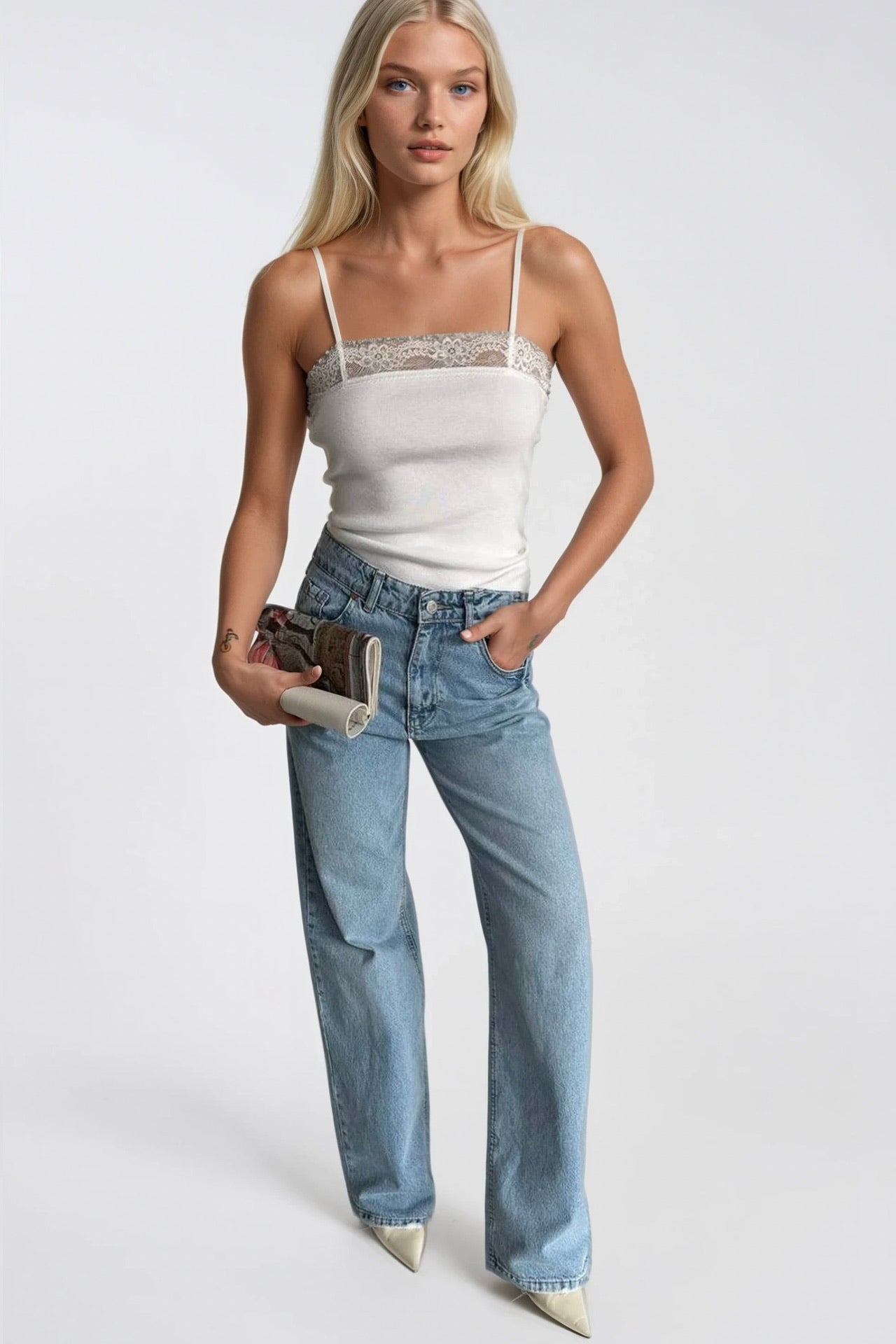 Strappy Lace Detail White Knit Blouse