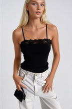 Strappy Lace Detail Black Knit Blouse