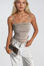 Strappy Lace Detail Beige Knit Blouse