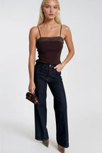 Strappy Lace Detail Brown Knit Blouse