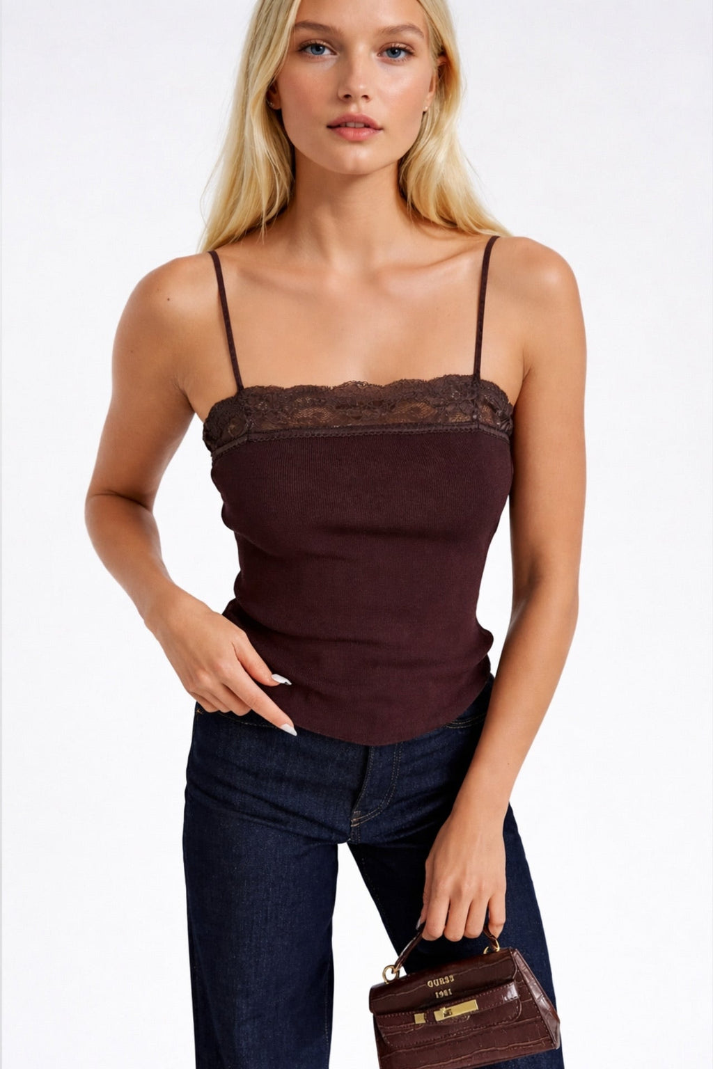 Strappy Lace Detail Brown Knit Blouse