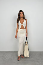 Strappy Textured Low-Cut Ecru Blouse