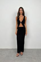 Strappy Textured Low-Cut Black Blouse