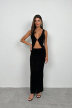 Strappy Textured Low-Cut Black Blouse