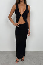Strappy Textured Low-Cut Black Blouse