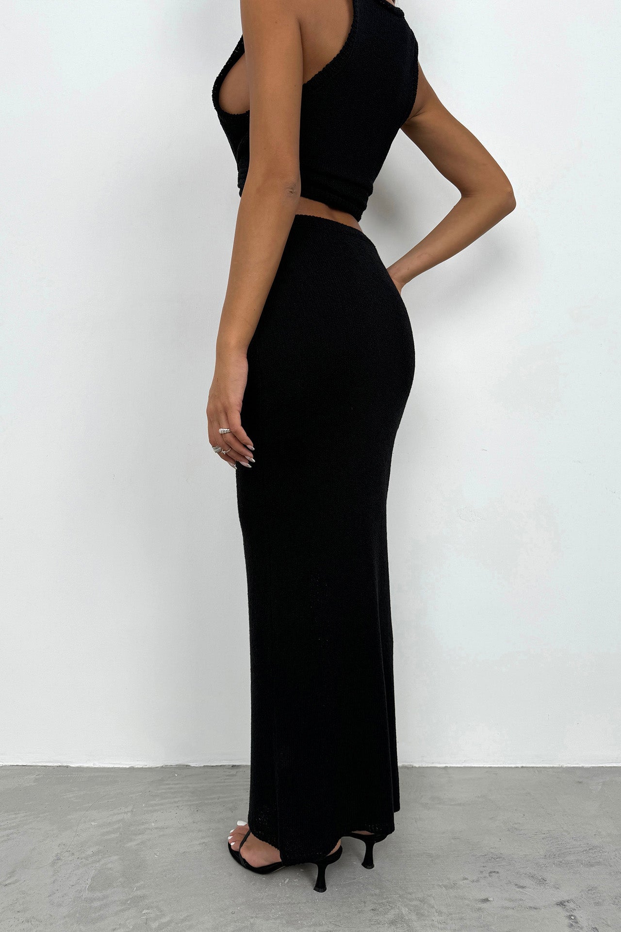Strappy Textured Low-Cut Black Blouse