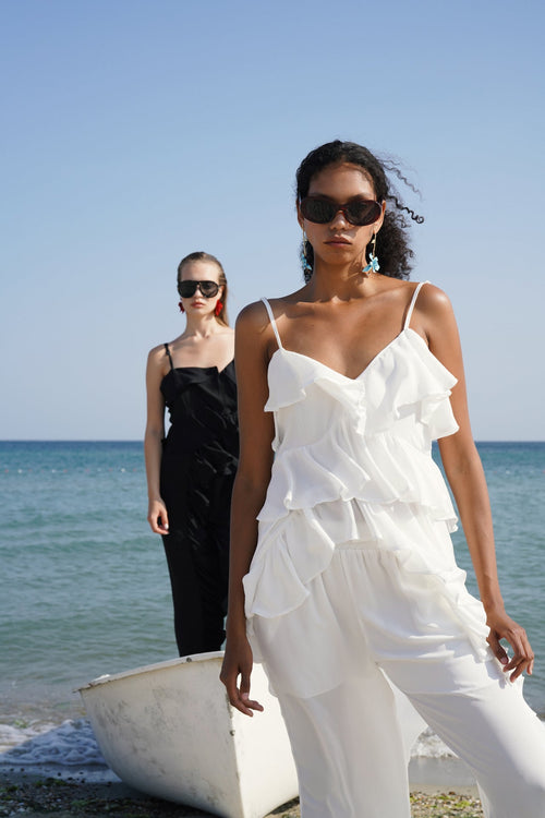 Asymmetrical Tulle White Blouse with Ruffle Detail