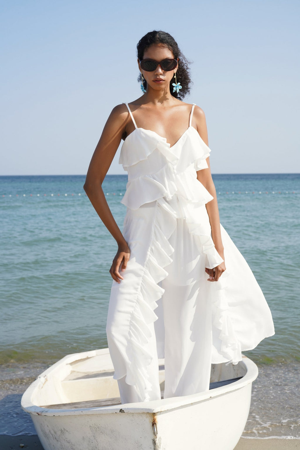 Strappy Ruffle Detail Asymmetric Tulle White Blouse