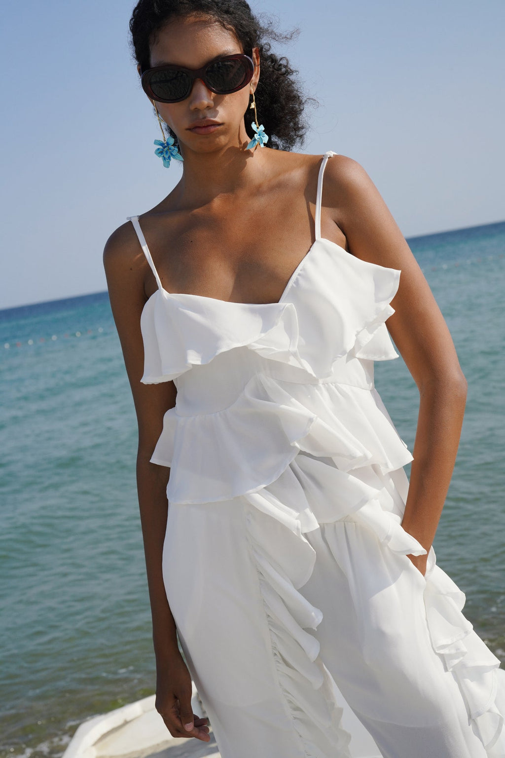 Strappy Ruffle Detail Asymmetric Tulle White Blouse