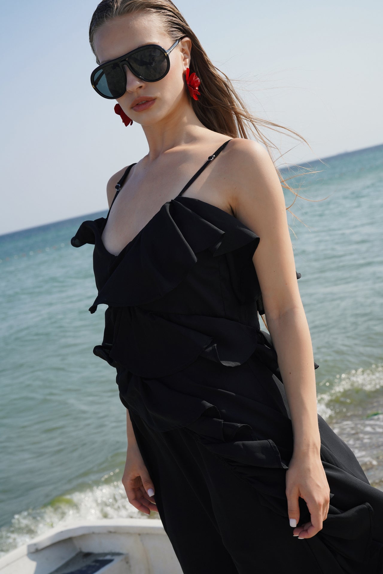 Strappy Ruffle Detail Asymmetric Tulle Black Blouse