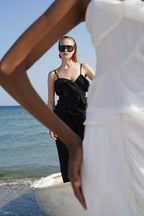 Strappy Ruffle Detail Asymmetric Tulle Black Blouse