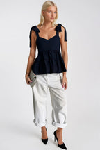 Strappy Ribbon Detail Navy Blouse