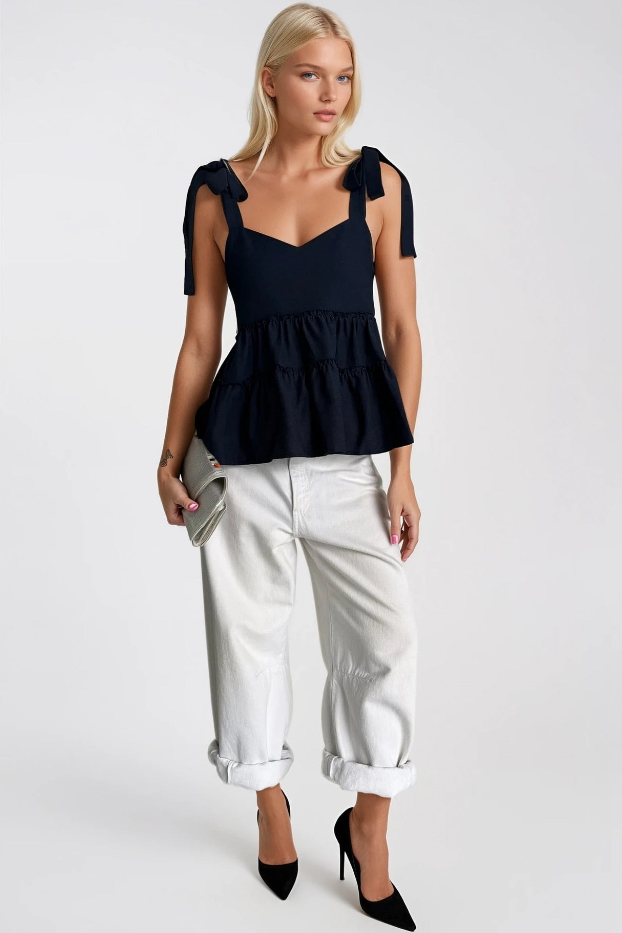 Strappy Ribbon Detail Navy Blouse