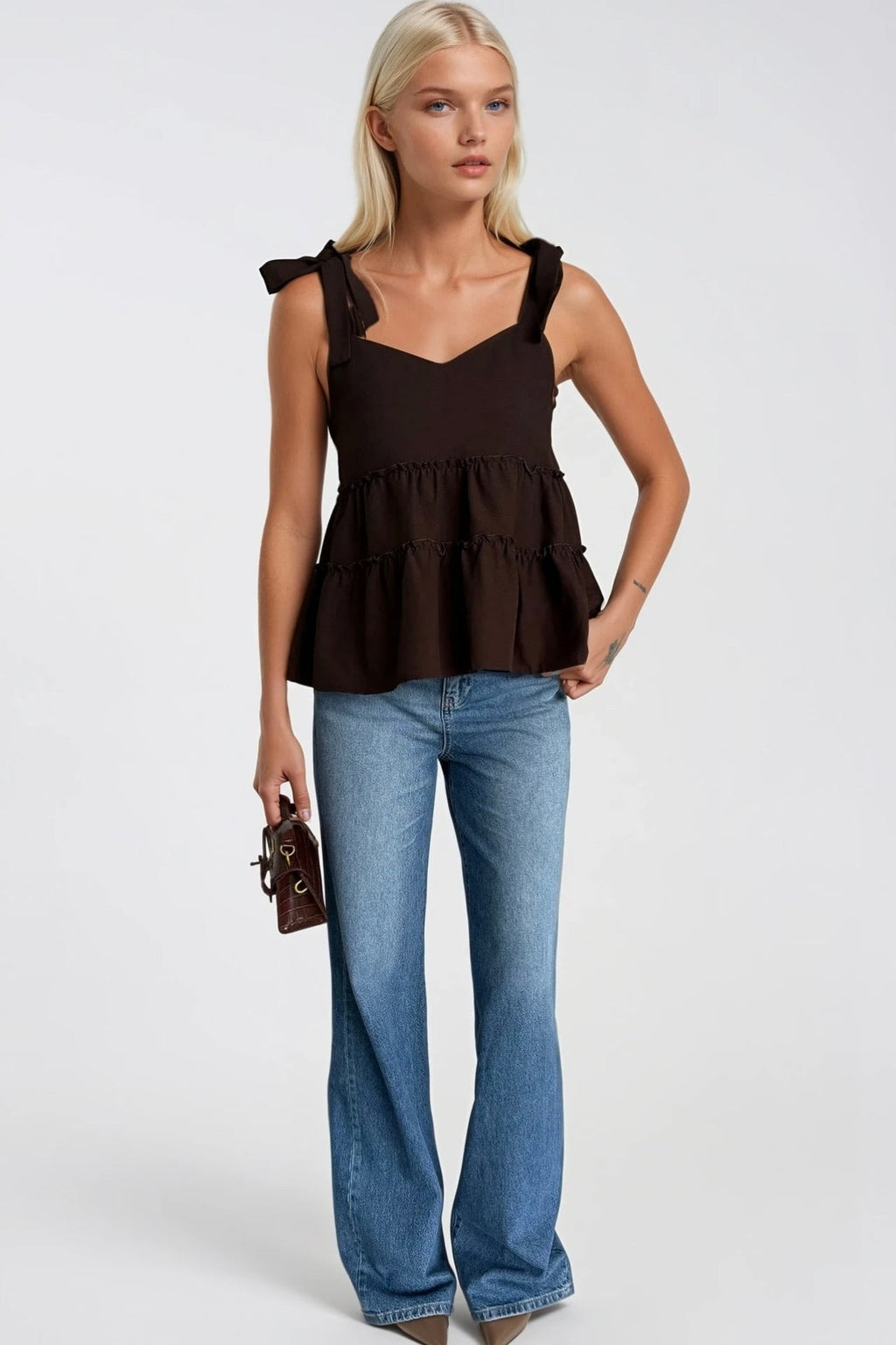 Strappy Ribbon Detail Brown Blouse