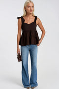 Strappy Ribbon Detail Brown Blouse