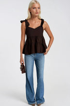 Strappy Ribbon Detail Brown Blouse