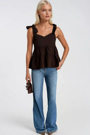 Strappy Ribbon Detail Brown Blouse