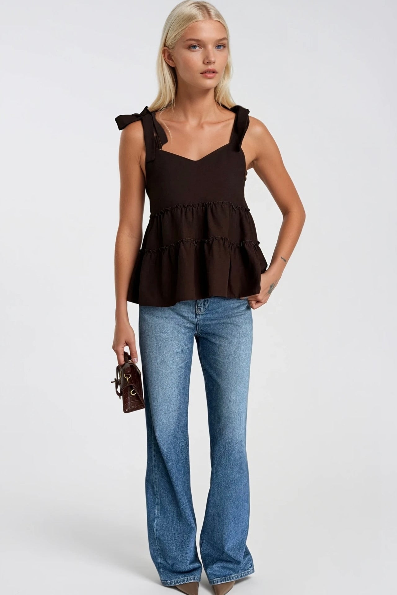 Strappy Ribbon Detail Brown Blouse