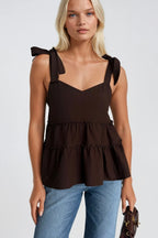 Strappy Ribbon Detail Brown Blouse