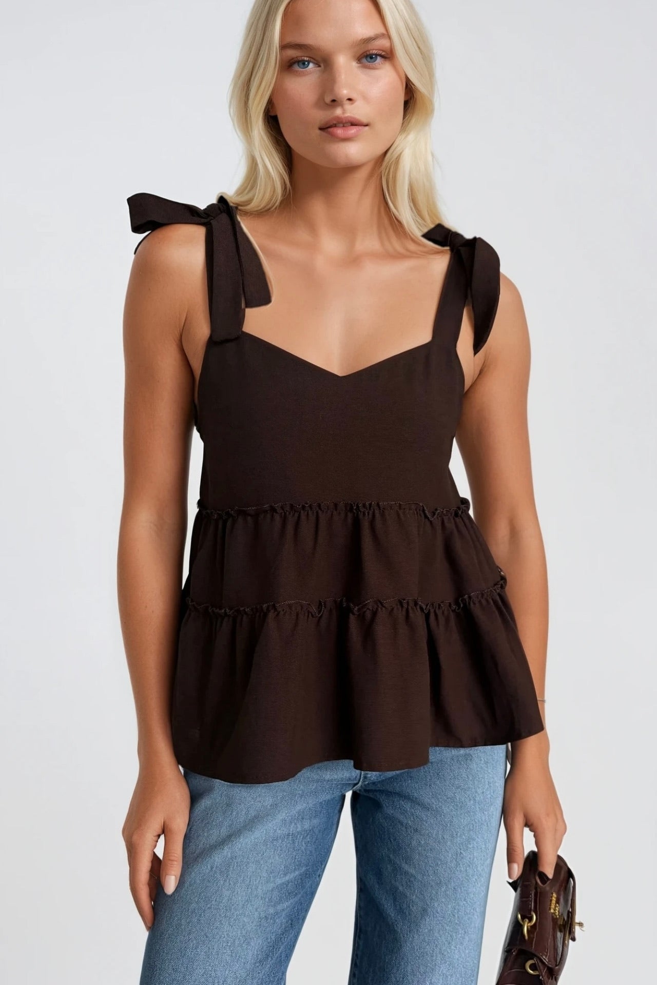 Strappy Ribbon Detail Brown Blouse